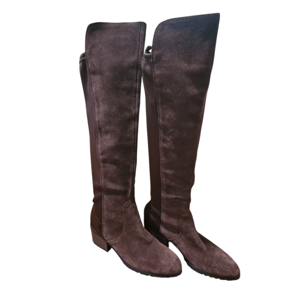 H by Halston Suede Pull On Over the Knee Boots With Stretch | Brown | Like New